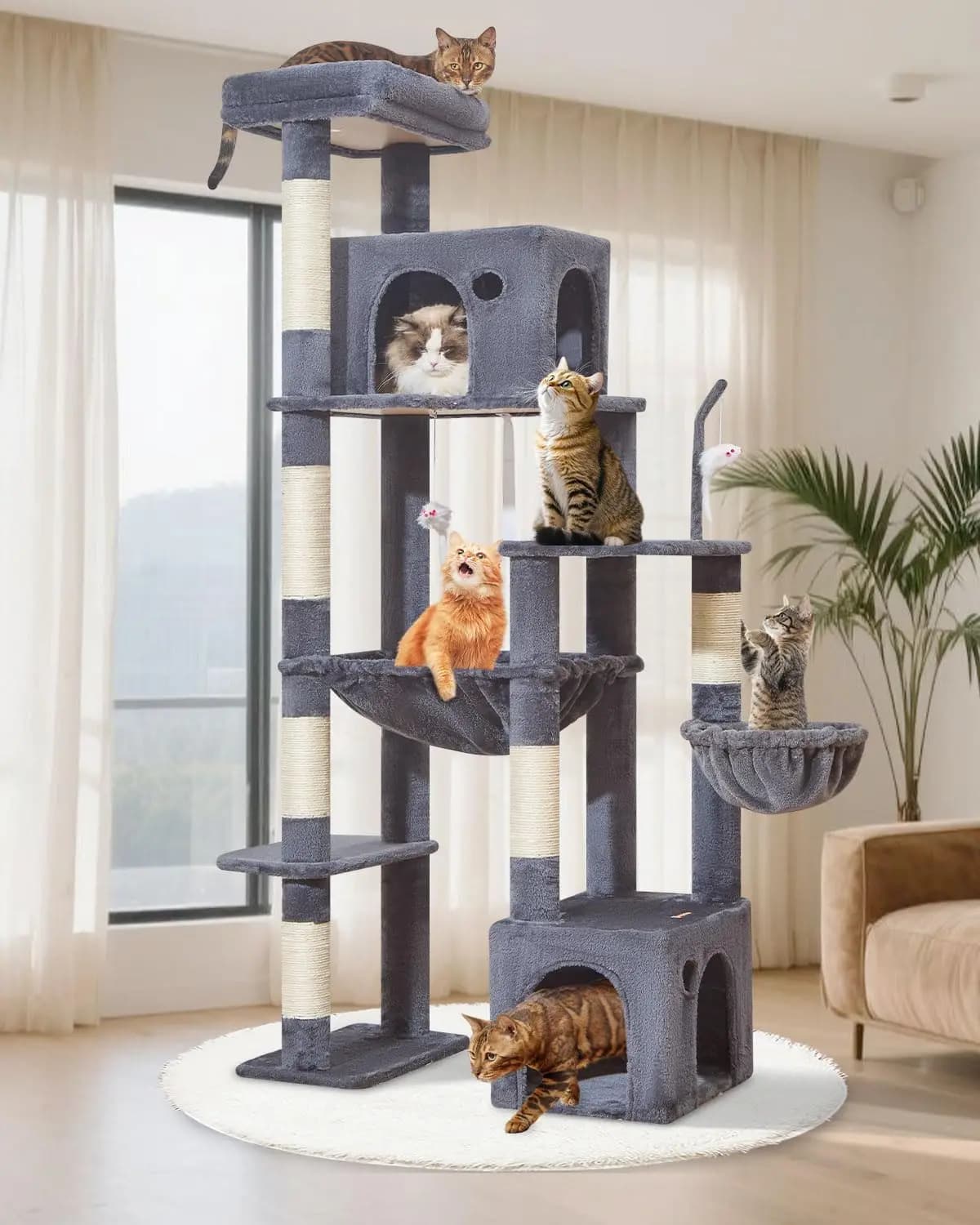 Tiragraffi Resistente per Gatti Grandi, 180 cm di Altezza, con Posti Graffi, Amaca, Giocattoli e Cesto, Grigio
