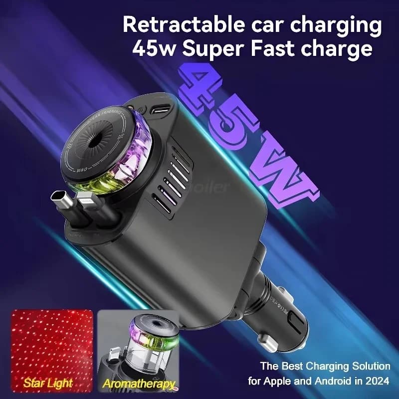 Caricabatteria da auto retrattile Super Fast Starlight da 45 W Porte USB/TypeC PD3.0 con deodorante per auto ATV Barca, per iPhone Samsung