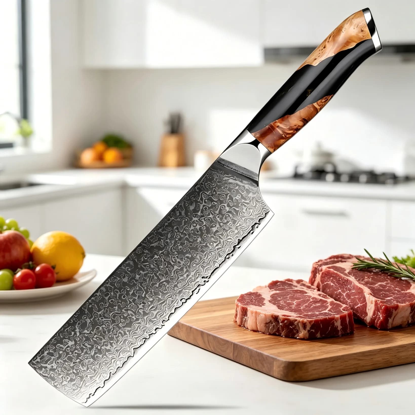 Coltello Nakiri Giapponese XITUO da 7 Pollici in Acciaio Damascato, Affilato, per Verdure e Carne, con Manico in Legno Stabilizzato con Resina Nera