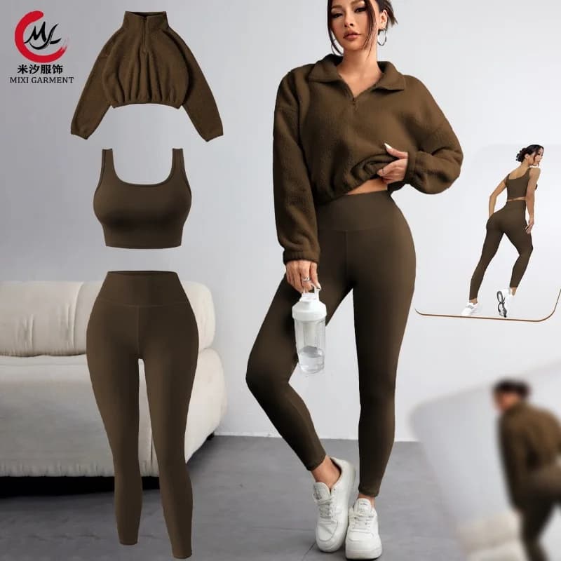 Set Yoga da Donna 3 Pezzi: Felpa con Zip in Pile + Reggiseno Sportivo + Leggings, Completo da Palestra, Tuta Sportiva 2026