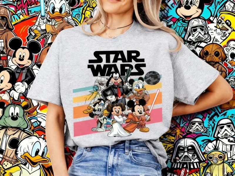 Disney Mickey and Friends Star War Shirt Summer Retro May The 4th Be with You Shirt Disney 100% Pure Cotton Printed T-shirt