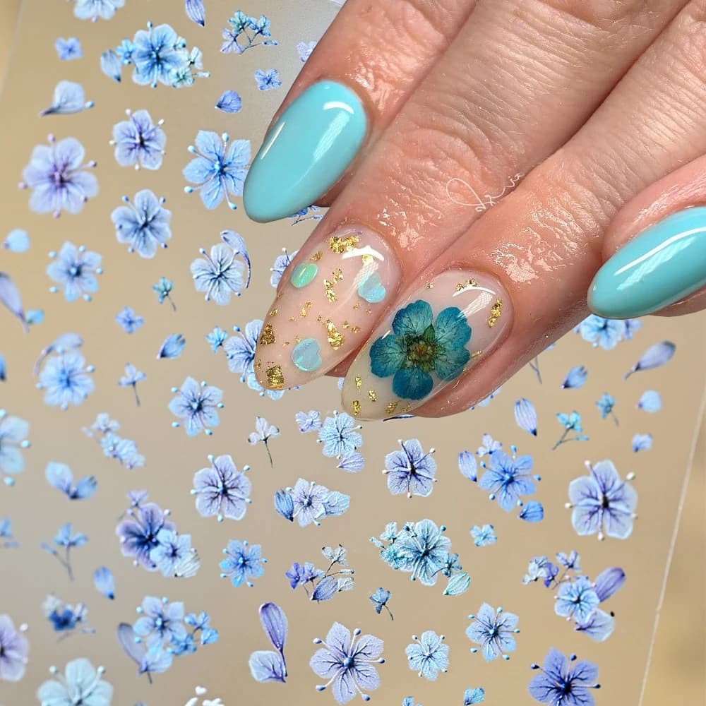1 pz Adesivi Unghie Realistici con Fiori Secchi, Decorazioni Unghie in Rilievo Rosa Blu Viola Giallo, Mini Decalcomanie Floreali a Cinque Petali