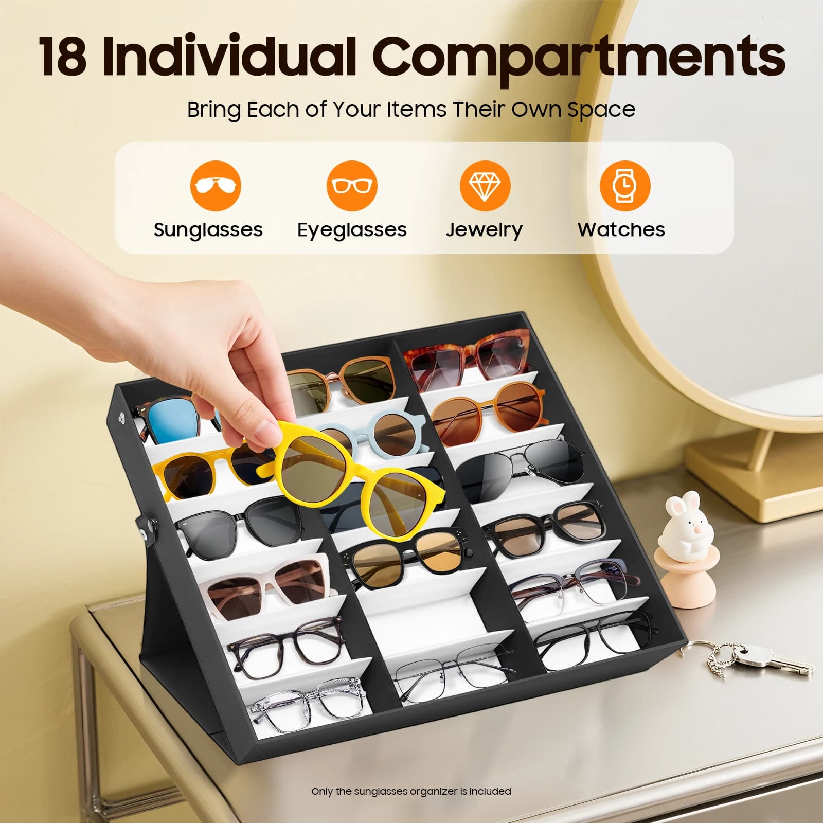 18 slot sunglasses box, MDF display organizer with watch cover, stackable for home store