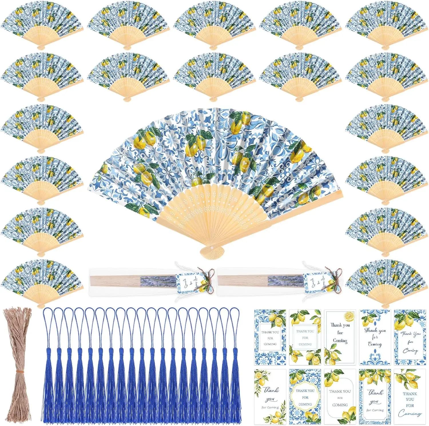 100 Set Capri Lemon Folding Hand Fans Amalfi Coast Party Decoration Mediterranean Handheld Folding Fan Bulk with Organza Bags Thank You Cards for Italian Summer Party Wedding Bridal Shower