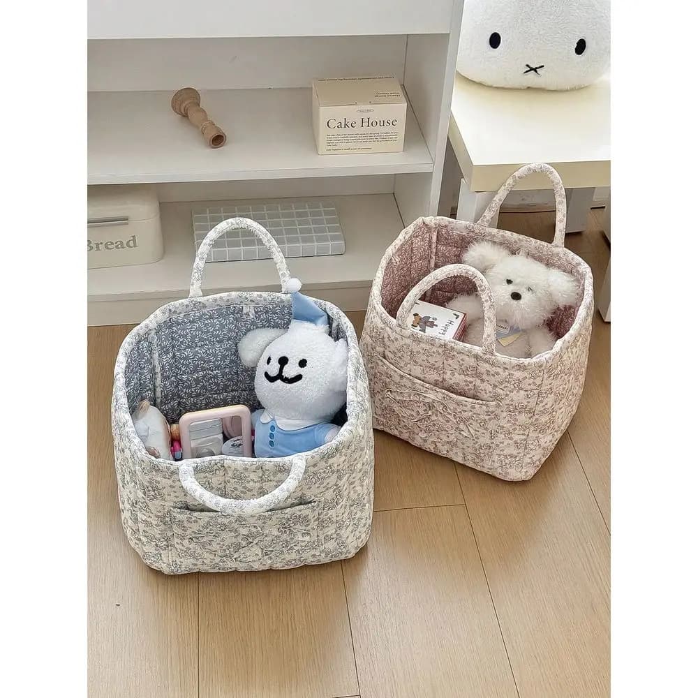 Corduroy Floral Print Quilted Storage Basket Laundry Basket Large Capacity Portable Storage Bag Fordable Snack Basket, Large Sq