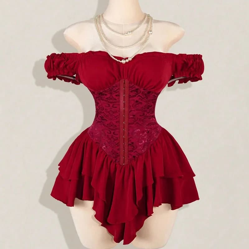 Women Dress A-line Lace Splicing Multi-layer Ruffle Edge Short Sleeve Off Shoulder High Waist Slim Solid Color Simple Mini Dress
