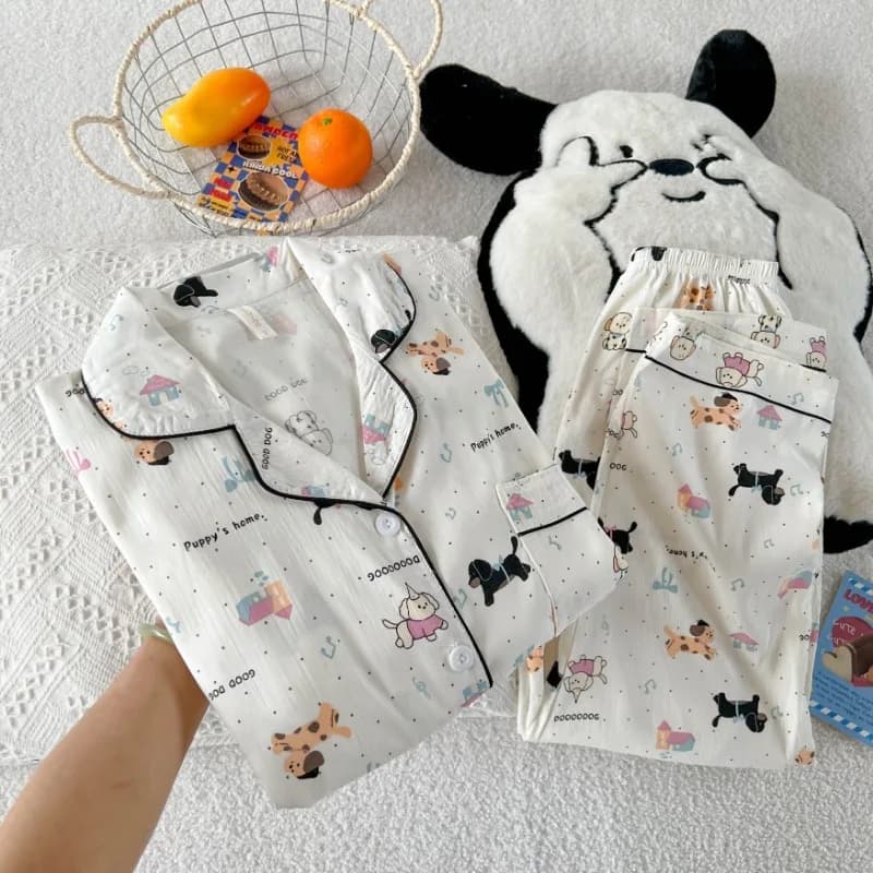 Women's Pajamas Set Cute Dachshund Star Print 2 Piece Pajamas Set Korean-Style Casual Sleepwear New Spring Autumn Homewear