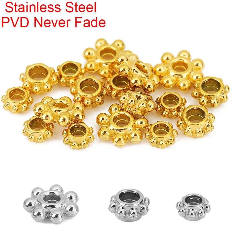 10 pz. perline distanziatrici in acciaio inossidabile da 5, 6, 8 mm, non sbiadiscono, con foro grande, per creazione gioielli fai da te, bracciali e componenti.