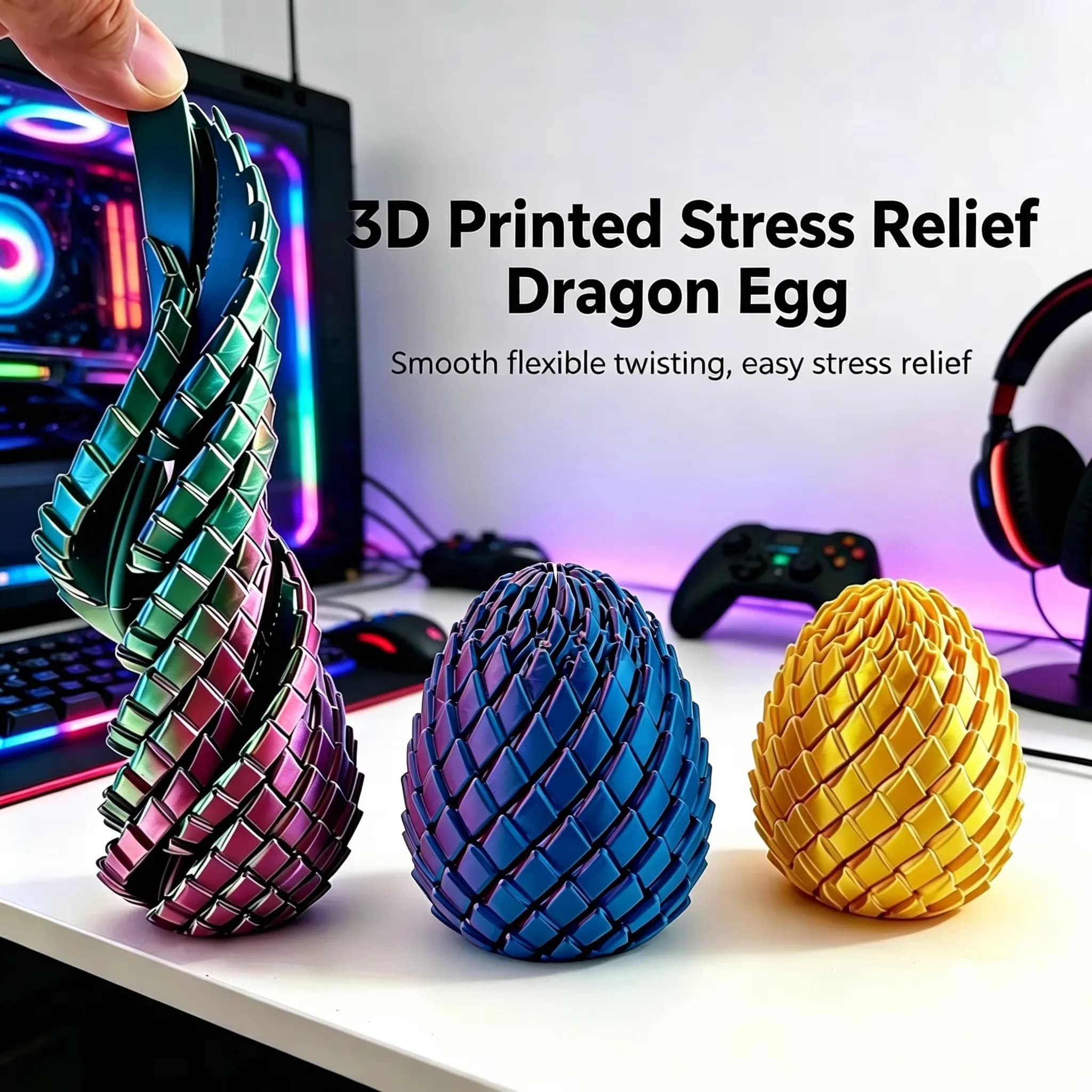 Divertente Giocattolo Antistress a Forma di Uovo di Drago Stampato in 3D, Giocattolo Sensoriale Deformabile Estensibile per Adulti e Bambini