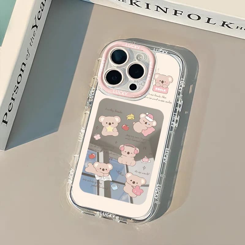 Custodia per telefono con orsetto rosa e specchio, anti-caduta e anti-polvere, per iPhone 17 AIR 16 15 14 13 12 11 PRO MAX PLUS