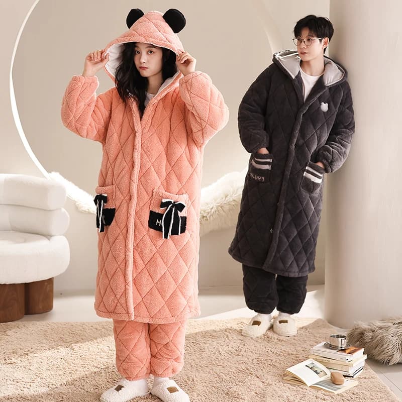 2 Piece Set Couple Bathrobe Winter 3 Layer Clip Cotton Robe Loose M-3XL Hooded Robe+Pant Homewear