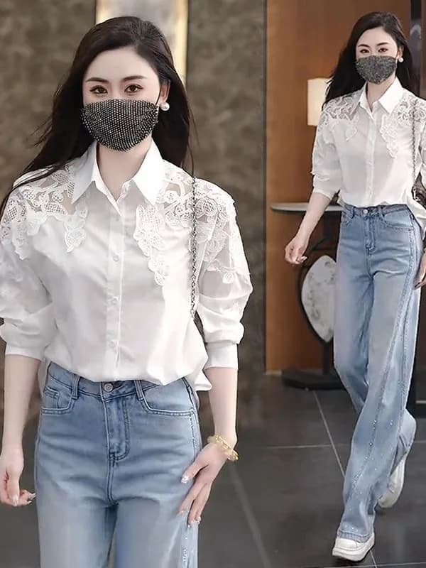 Fashionable White Lace Shirt Women's Chiffon Sunscreen Casual Loose Slimming Blouse Spring Summer New Arrival Breathable Comf...