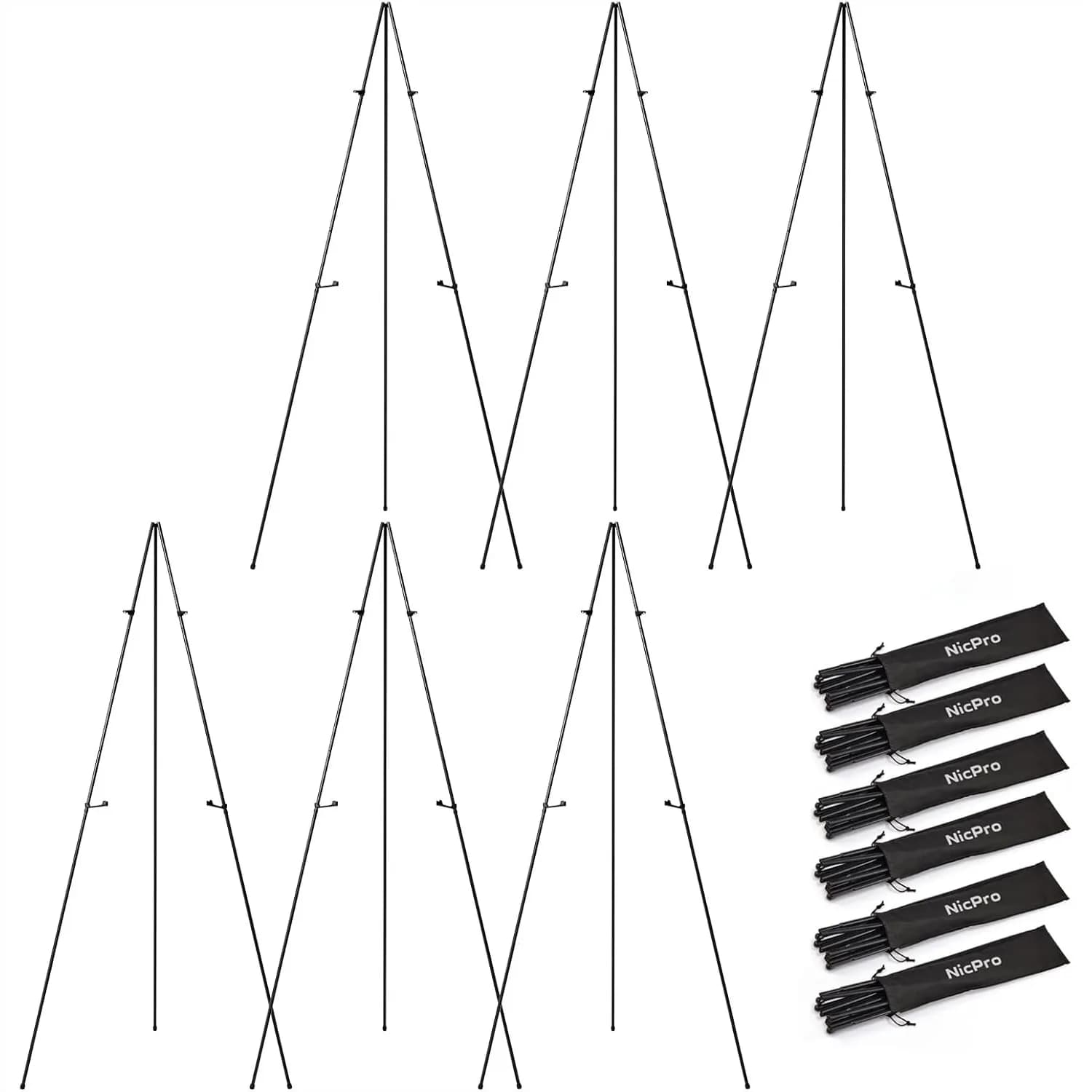 Set di 6 Cavalletti da Terra in Metallo da 63 Pollici, Neri, Pieghevoli, per Insegne, Artisti, Poster, Matrimoni, con Borsa per il Trasporto
