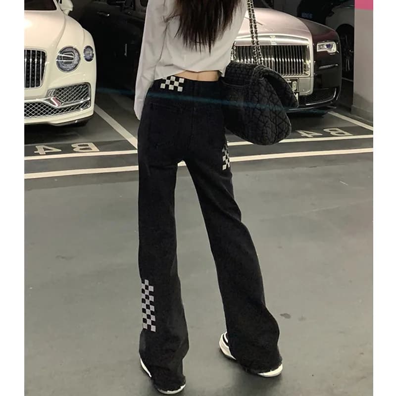High Waist Wide Leg Plaid Micro Flared Denim Jeans Women's Spring Autumn New Style Slimming Trousers for Pear Shaped Body