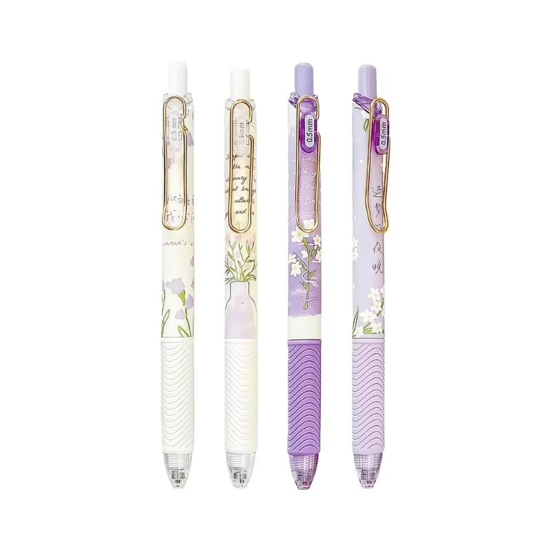 2026 New 4Pcs Retractable Gel Pen with Metal Clip for Writing 0.5MM Tip Black Inks Flower Print Gel Inks Pen for Office School