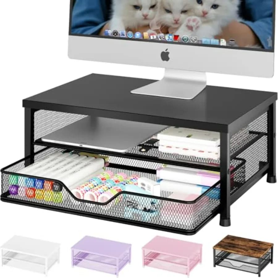 Supporto per Monitor con Cassetto, Organizzatore da Scrivania, Supporto per Stampante e Laptop, Accessori per Ufficio e Postazione di Lavoro