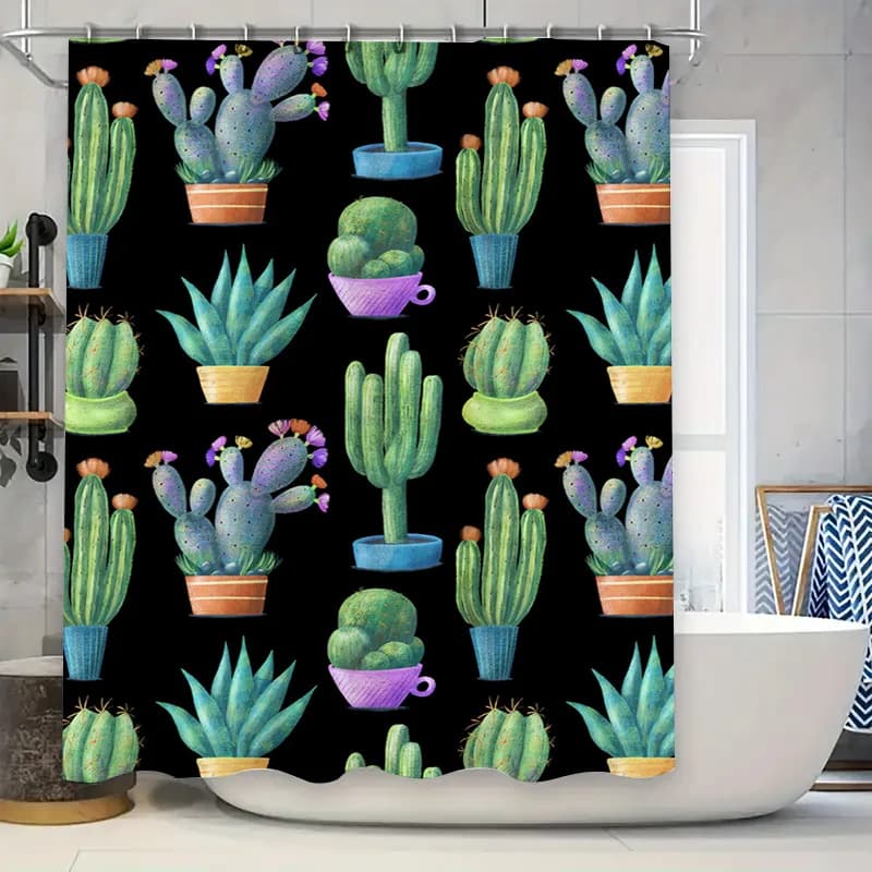 Tenda da doccia con cactus, fodera decorativa per bagno con sfondo nero con stampa succulenta, vasi verdi viola, dimensioni L72 x L84 pollici (