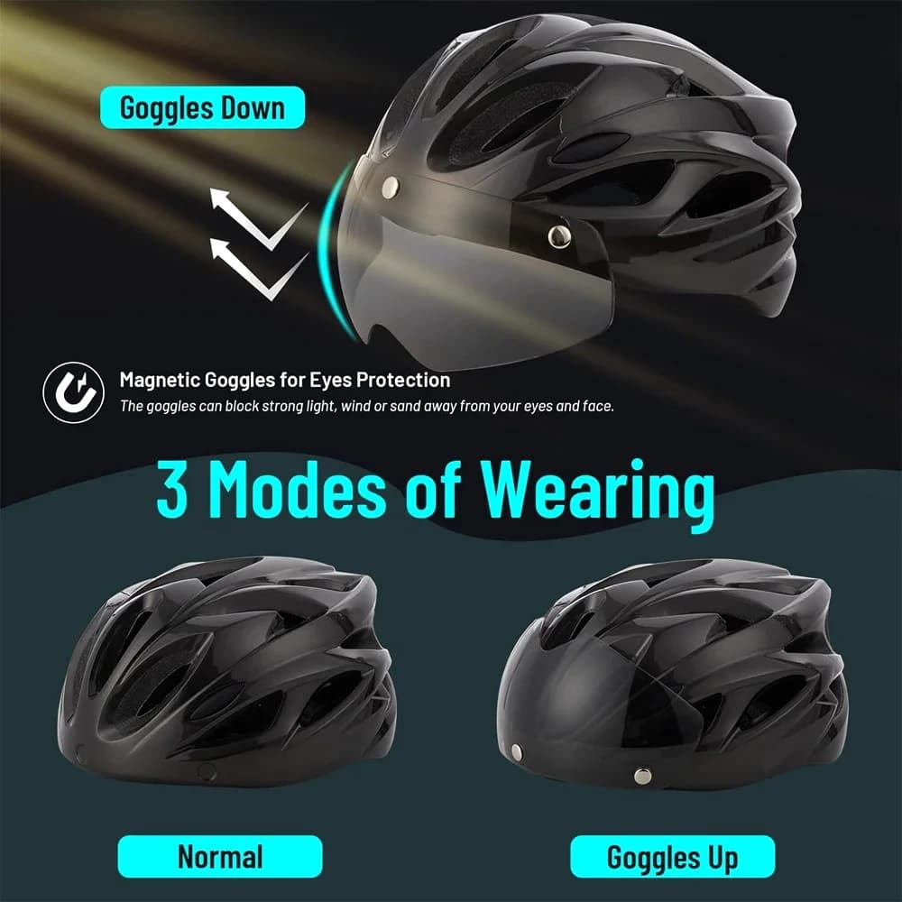 Casco da bici per adulti con luce LED e occhiali magnetici – Casco da ciclismo leggero e regolabile per uomo donna – Sicurezza per montagna/bici