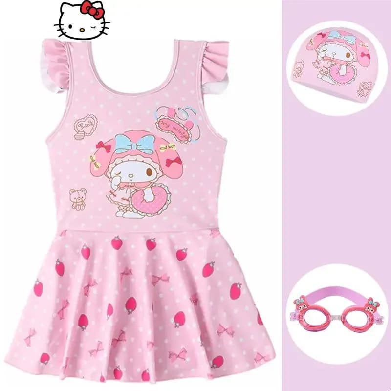 Short Sleeved Swimsuit for Girls Souls Hello Kitty, New Fashionable Swim Hat for Kids, Swimwear Kuromi Kawaii