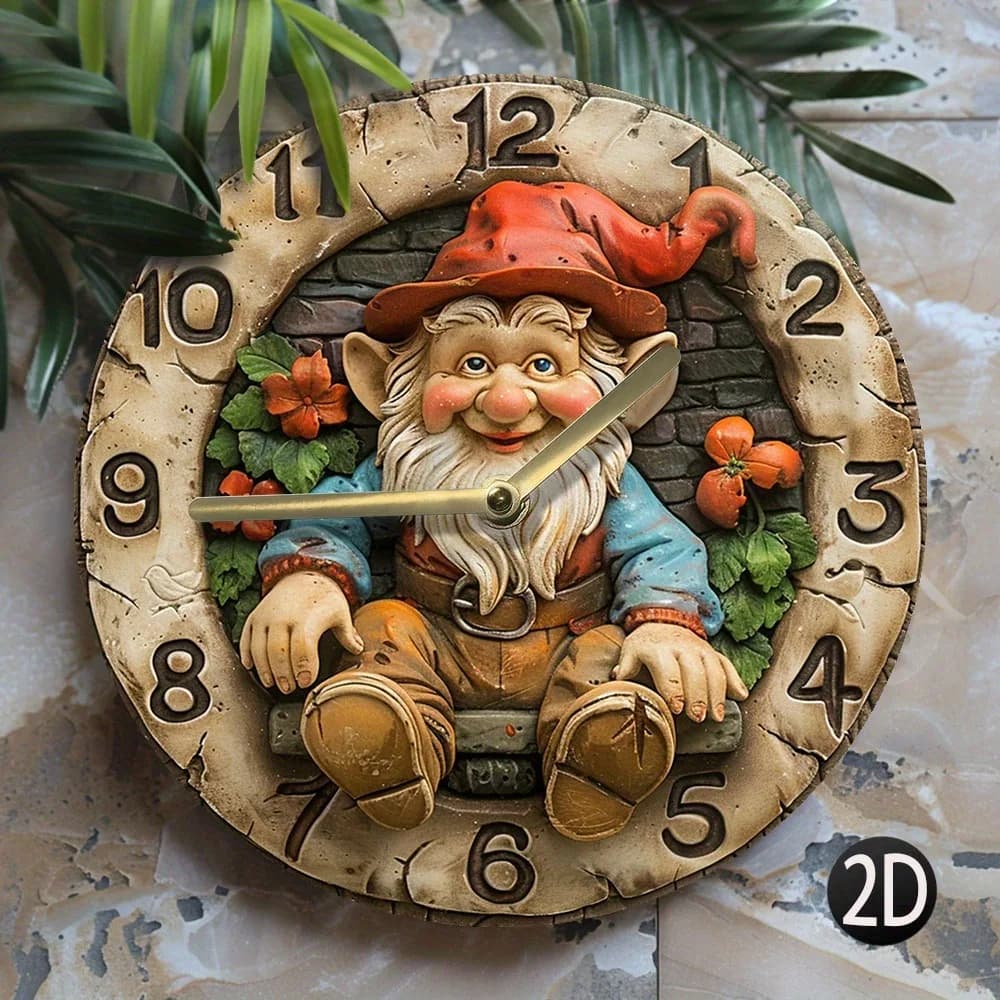 Wooden wall clock with charming gnomo design. Ideal for home and garden furniture. Get the AA batteries.