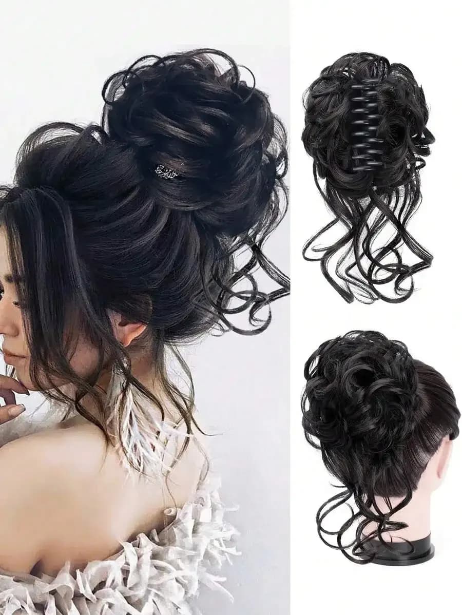 Fermaglio per chignon disordinato, chignon ondulato e riccio da donna, chignon corto e soffice, extension di capelli sintetici neri