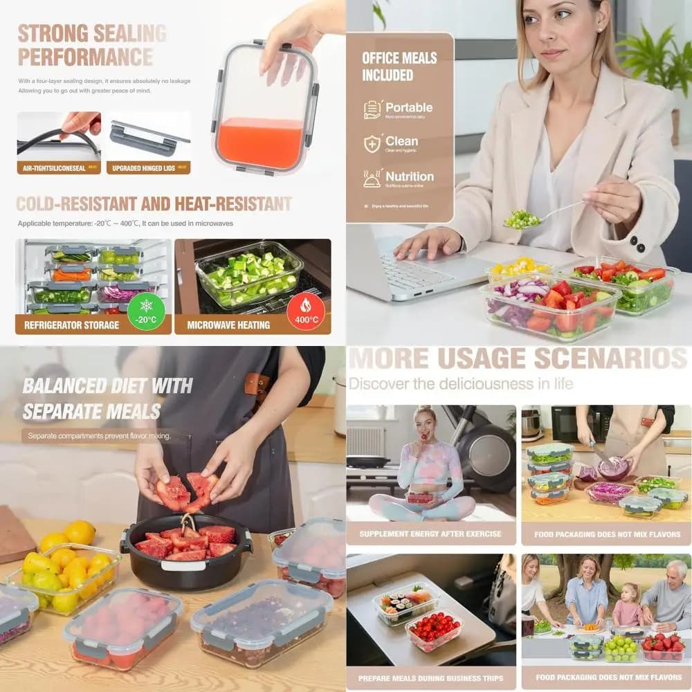 Contenitori per la preparazione dei pasti in vetro da 10 pezzi con coperchi a scatto sicuri, ermetici, sicuri per microonde, forno, congelatore, lavastoviglie, grigio