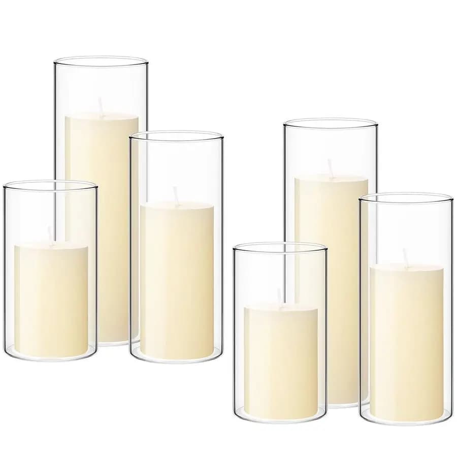 Set of 6 Column Candles with Cylindrical Glass Vases, Transparent Candle Holders for High and Subtle Candles, Wedding Decorations