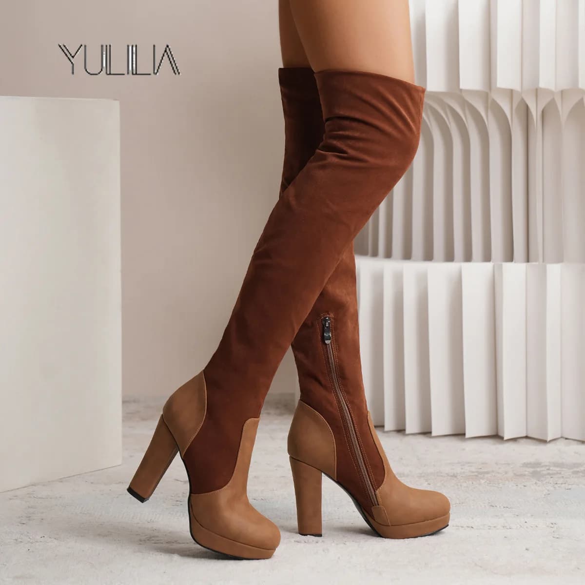 YULILIA Stivali sopra il ginocchio con tacco alto spesso e piattaforma impermeabile smerigliata da donna sexy alla moda in stile americano Office Nightclub Party