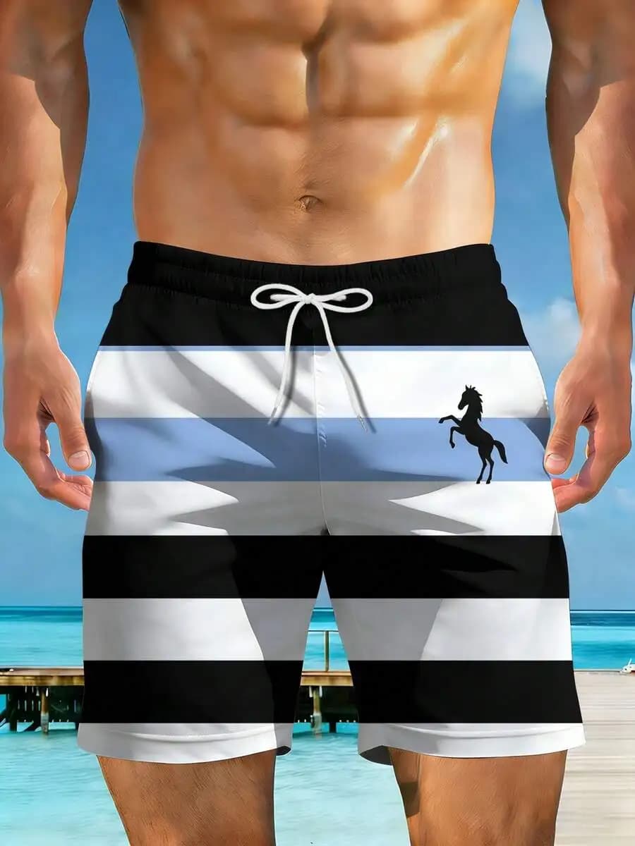 Mens Beach Shorts With 3D Print Black White Stripes And Horse Silhouette