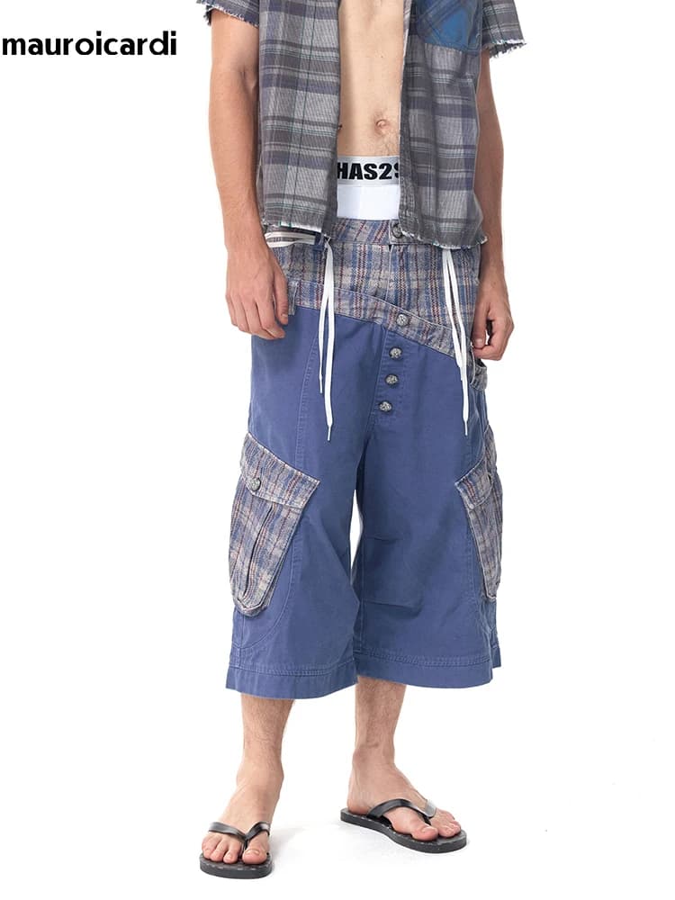 Mauroicardi Summer Color Block Patchwork Shorts for Men Double Waist Luxury Calf-Length Pants Menswear Clothing Streetwear 2026
