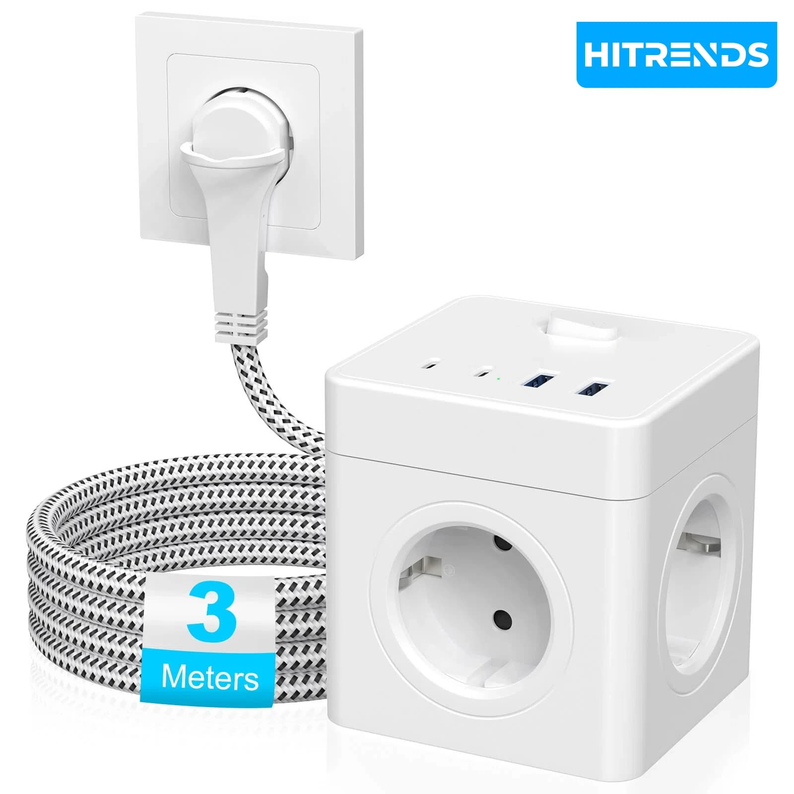HITRENDS Multipresa a Cubo 8-in-1, Cavo di Prolunga da 3 Metri, Spina Piatta Ultra Sottile, 4AC + 2USB + 2USB-C 4000W, Multipresa da Viaggio per Scrivania
