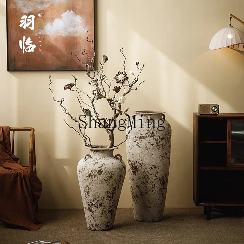 HJ Jingdezhen vecchio wabi-sabi tre orecchie sabbia bianca vaso di ceramica grossolana villa esterna albero piantagione Zen pavimento grande vaso di ceramica