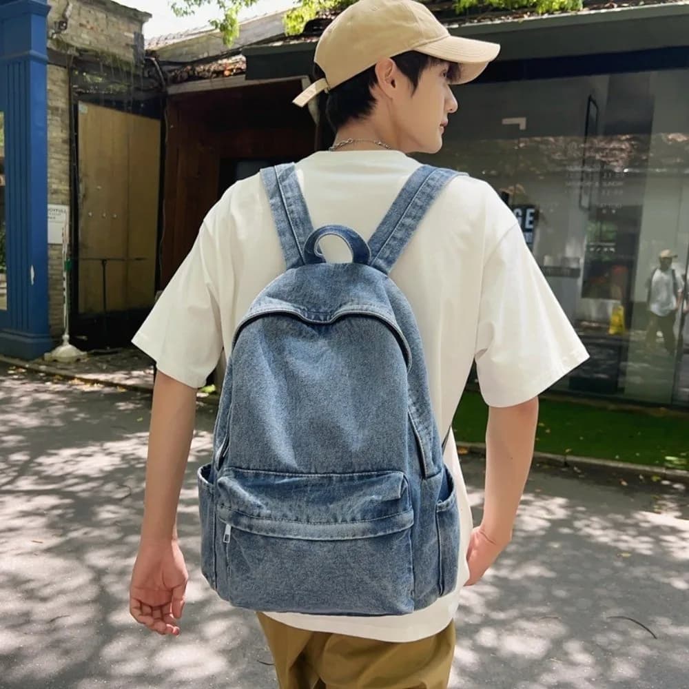 Fashion Lightweight Denim Backpack Large Capacity Multi-pocket Shoulder Bag Solid Color School Bag Men