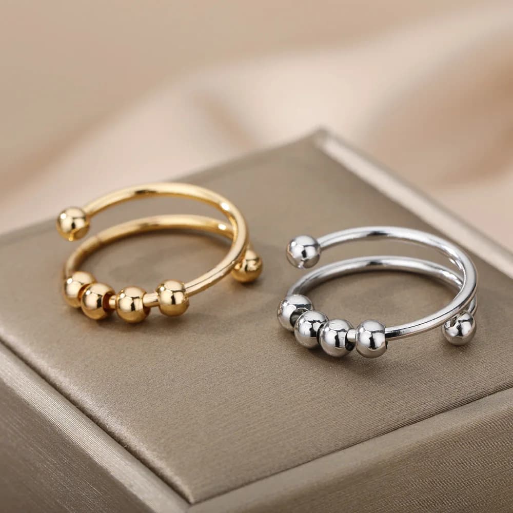 Anelli con perline antistress per donna, anello aperto regolabile con spinner, in acciaio inossidabile, gira liberamente, gioiello antistress, idea regalo
