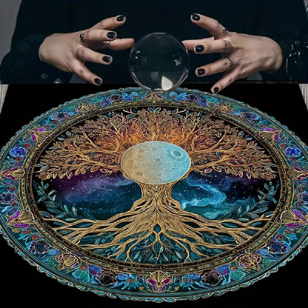 1 pezzo di tessuto per altare con un disegno di luna e albero della vita, realizzato in resistente fibra di poliestere, adatto per letture di carte dei Tarocchi