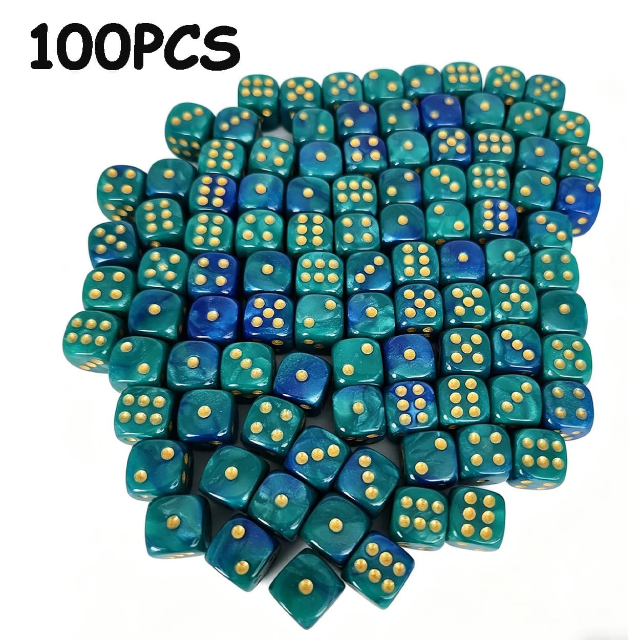 Set da 100 Dadi D6 da 12mm - Dadi in Acrilico Effetto Marmo Sfumato Blu Turchese con Punti Dorati, Dadi Standard a 6 Lati per Giochi da Tavolo, Famiglia