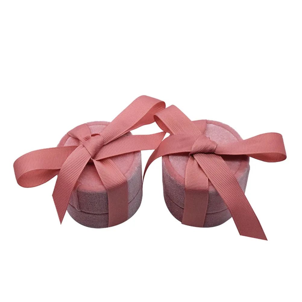 Flannelette Pink Ring Box Creative Bow Tie Floral Round Jewelry Storage Case Elegant Gift for Christmas Wedding Birthday