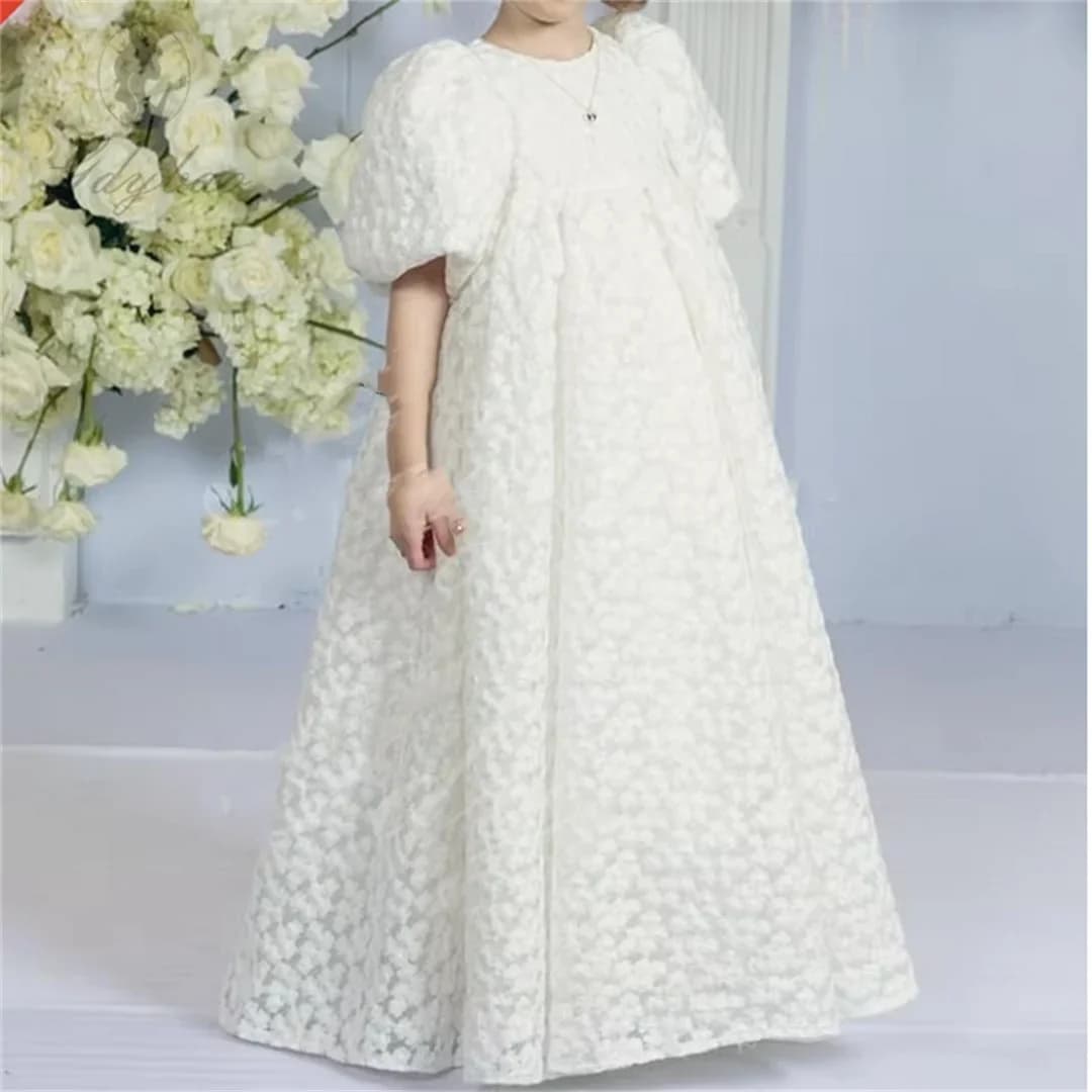 Abiti da ragazza di fiore con maniche a palloncino bianco per matrimonio, principessa lunga in pizzo scavato, spettacolo per bambini, prima comunione