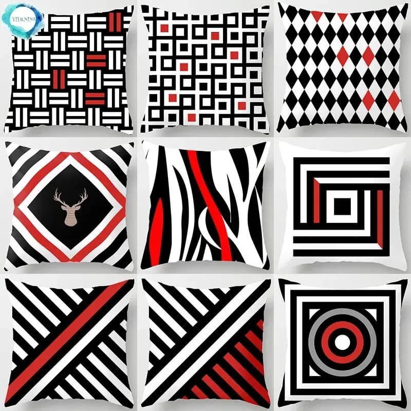 Nero Rosso Motivo geometrico 43 * 43 cm Fodera per cuscino in poliestere Decorazione per la casa per auto Divano Cuscino decorativo Federa