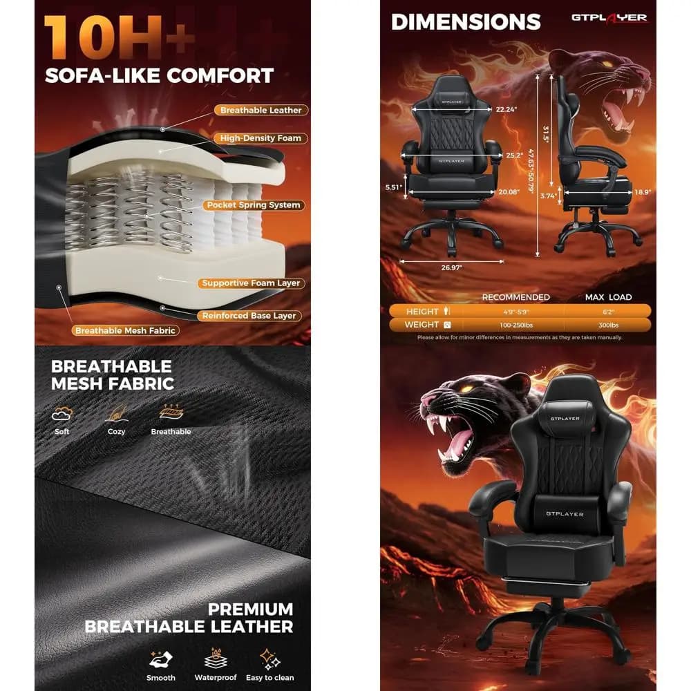 Sedia da gaming ergonomica con schienale alto, cuscino spesso e seduta ampia, comoda sedia da scrivania in pelle, nera