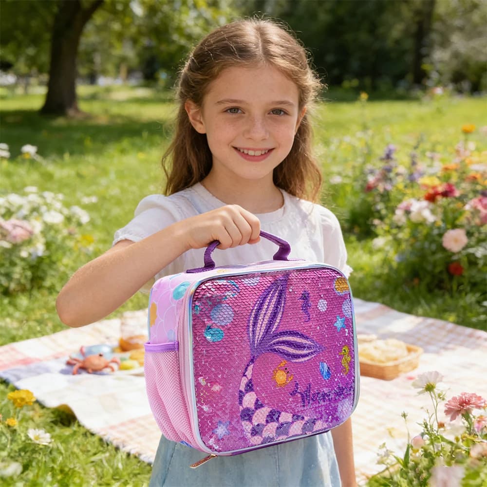 BLING BABIES Borsa per bambini, borsa per il pranzo, design con paillettes a sirena rosa su entrambi i lati, adatta per il trasporto di cibo