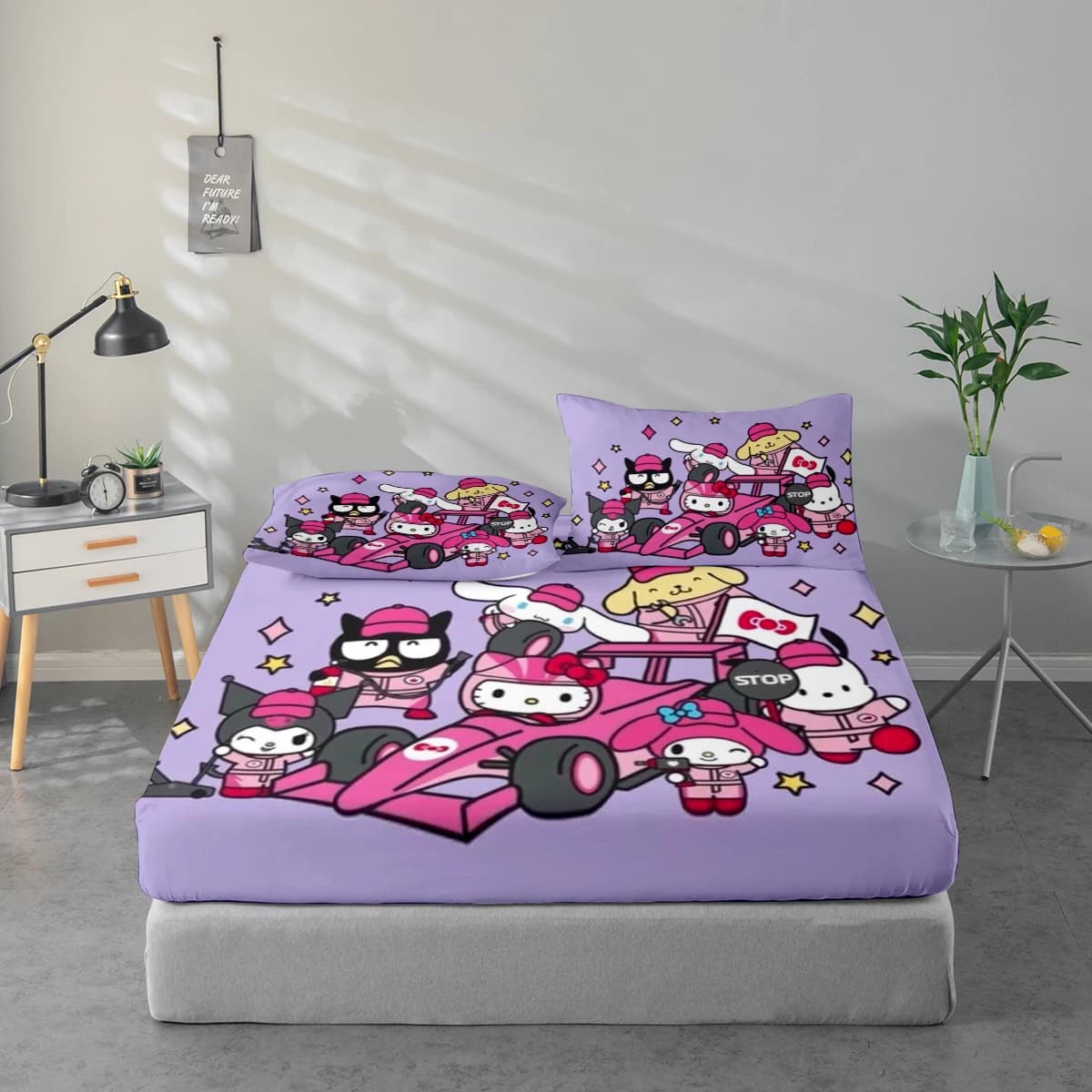 Set di lenzuola stampate digitalmente ad alta definizione in 3 pezzi, set di lenzuola con stampa floreale di grandi dimensioni a tema Hello Kitty, include 1 lenzuolo con angoli + 1/2 federa, adatto per camera da letto, camera degli ospiti, decorazioni per la casa, lenzuolo con angoli in fibra di poliestere + federa, biancheria da letto ultra morbida, tessuto spesso e ultra morbido, confortevole per tutte le stagioni, lavabile in lavatrice