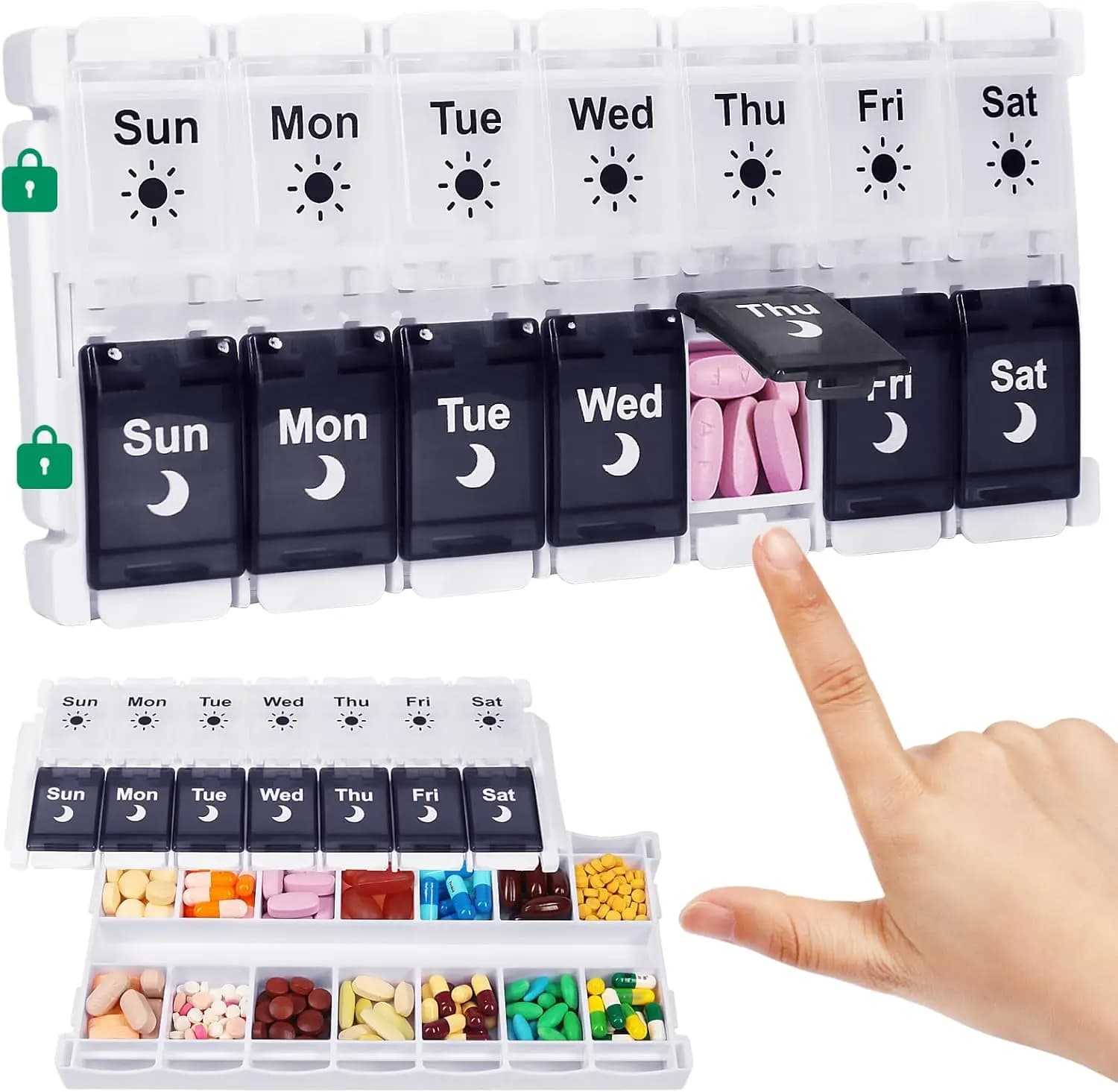 Weekly organizer AM PM Pills with Button, Easy to Fill, 7 Day Medicine Box for Vitamins and Supplements, Black and White