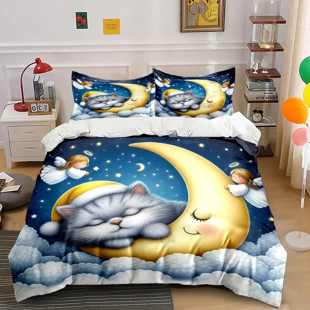 Set di biancheria da letto con stampa Dreamy Cat Sleeps on Moon, 1 copripiumino, 2 federe per adulti e bambini, regalo di lusso, misura completa