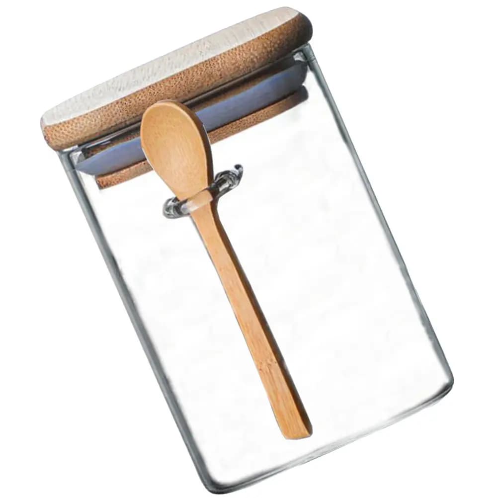 Barattolo in Vetro Quadrato da 800ml con Cucchiaio, Contenitore per Spezie Mini Trasparente Riutilizzabile, Organizzatore da Cucina