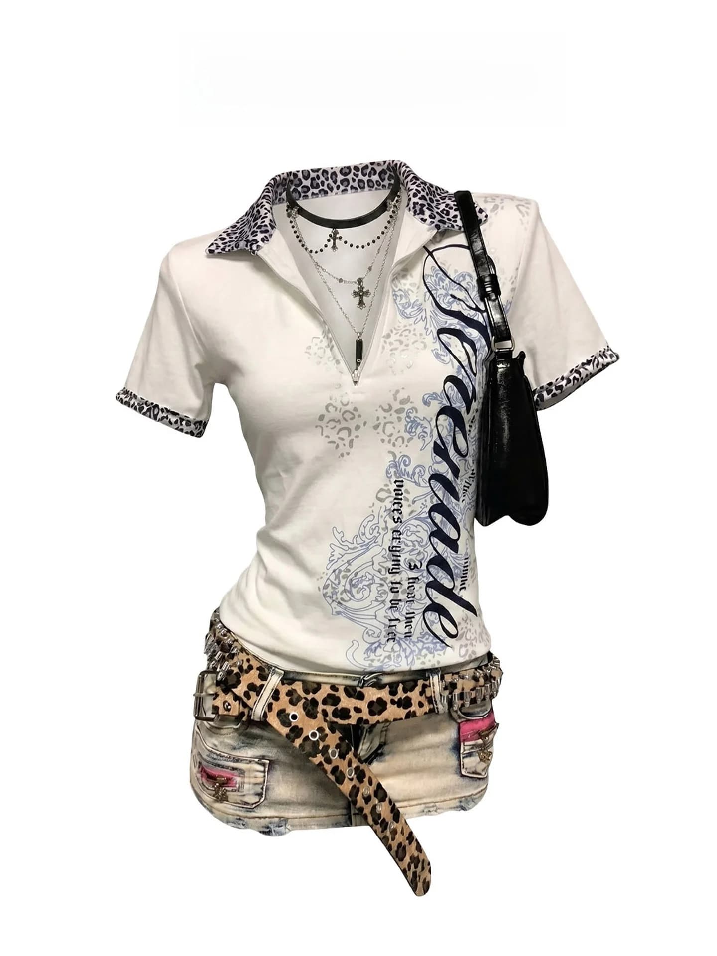 Set Trendy Y2K per Ragazze, Completo Estivo da Donna con T-Shirt a Maniche Corte Stampa Leopardata e Gonna in Denim, Set Due Pezzi