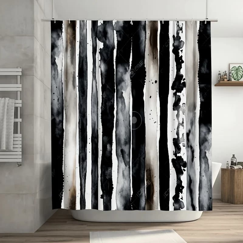 Tenda da doccia moderna a righe verticali in bianco e nero: poliestere resistente, facile da pulire, ganci inclusi per l'arredamento del bagno