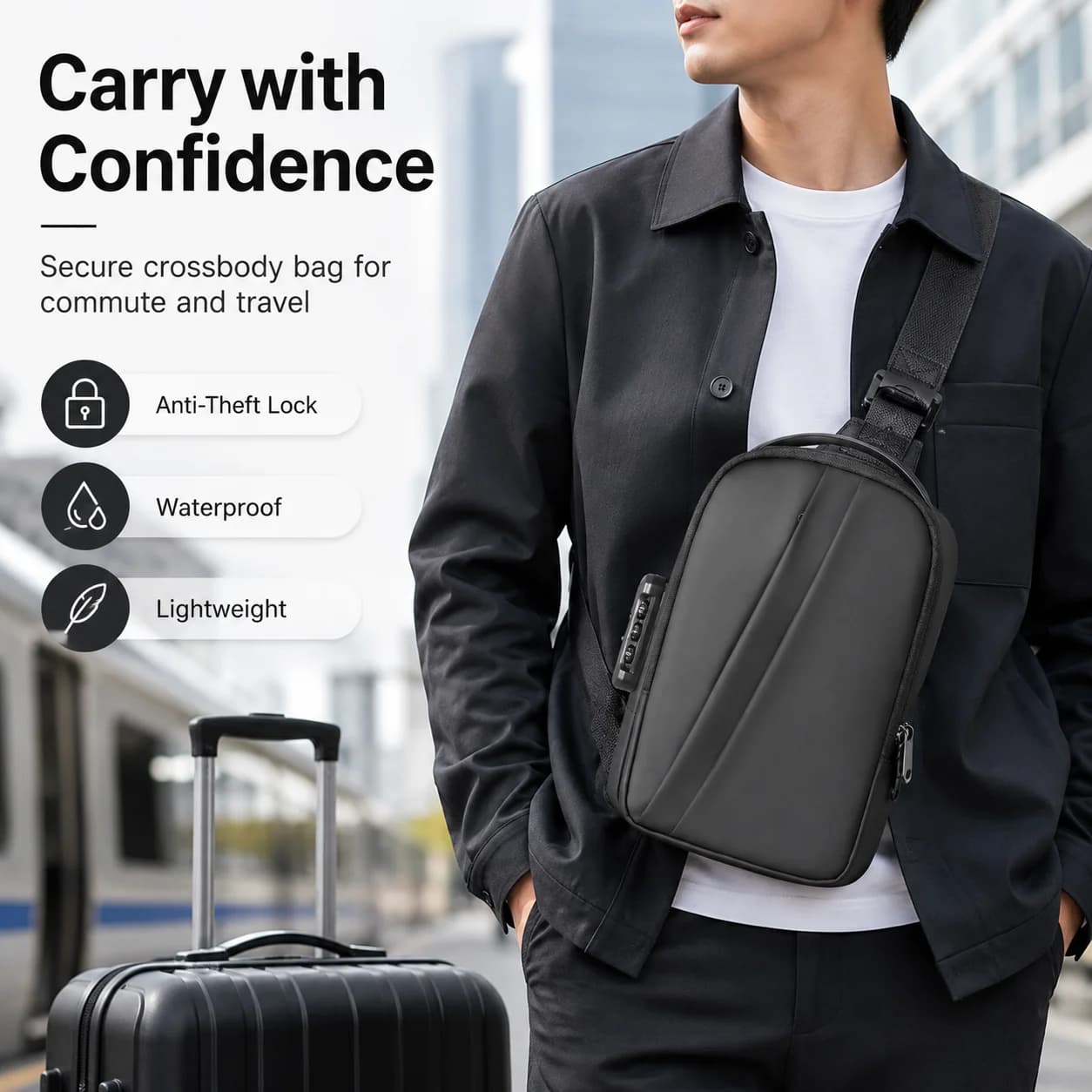 Borsa a Tracolla Antifurto con Lucchetto a Combinazione e Porta USB, Borsa da Viaggio Elegante per Uomo
