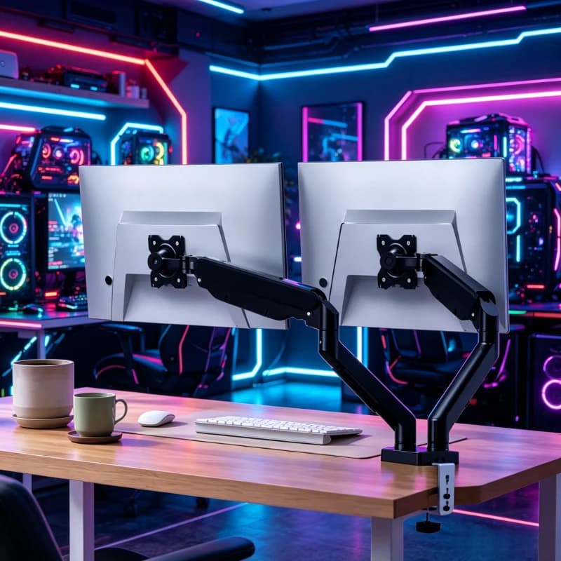 360° Rotatable Black Dual‑Screen Monitor Mount, Multifunctional Adjustable Stand for 13‑32 Inch Desktop Displays