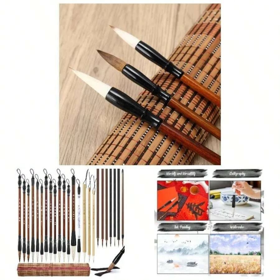 24 Pcs Calligraphy Brush Set Watercolor Brushes Bulk With Roll Brush Holder Writing Drawing Brushes Kanji, Japanese Sumi, Drawi